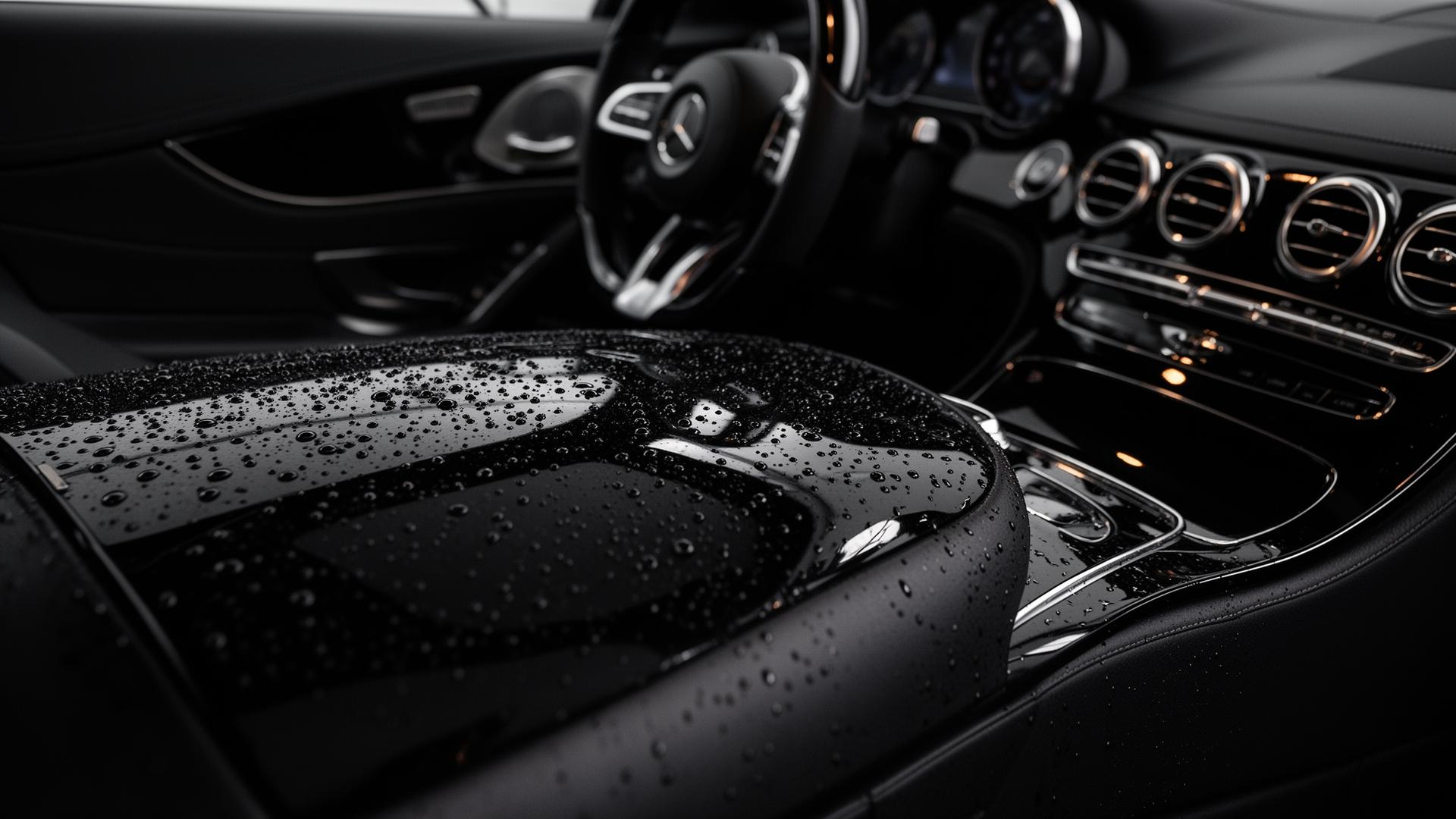 Freshly detailed glossy black luxury car interior